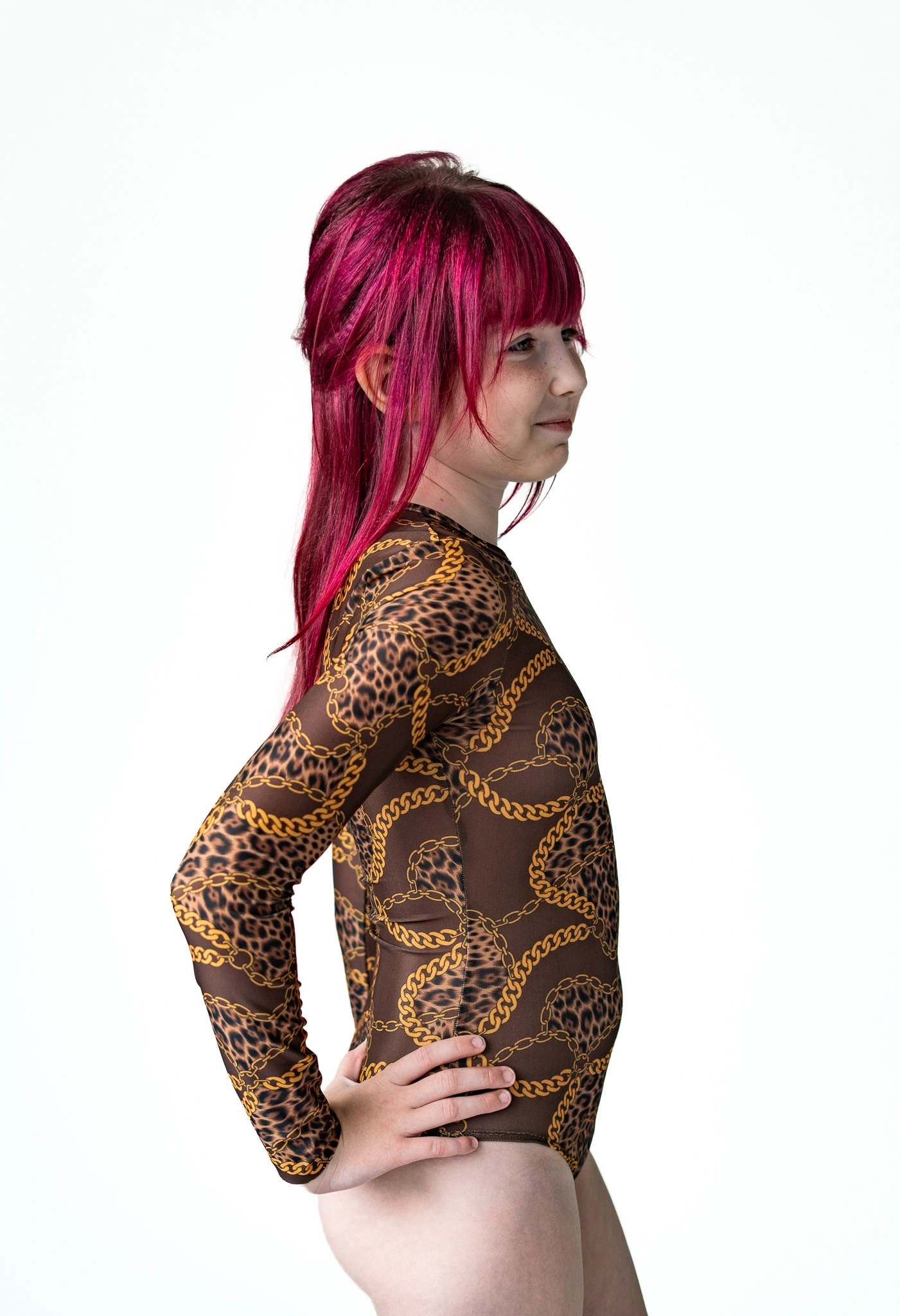 Z20 chocolate Children's long-sleeve tan-through one-piece swimsuit in brown chain print, side view